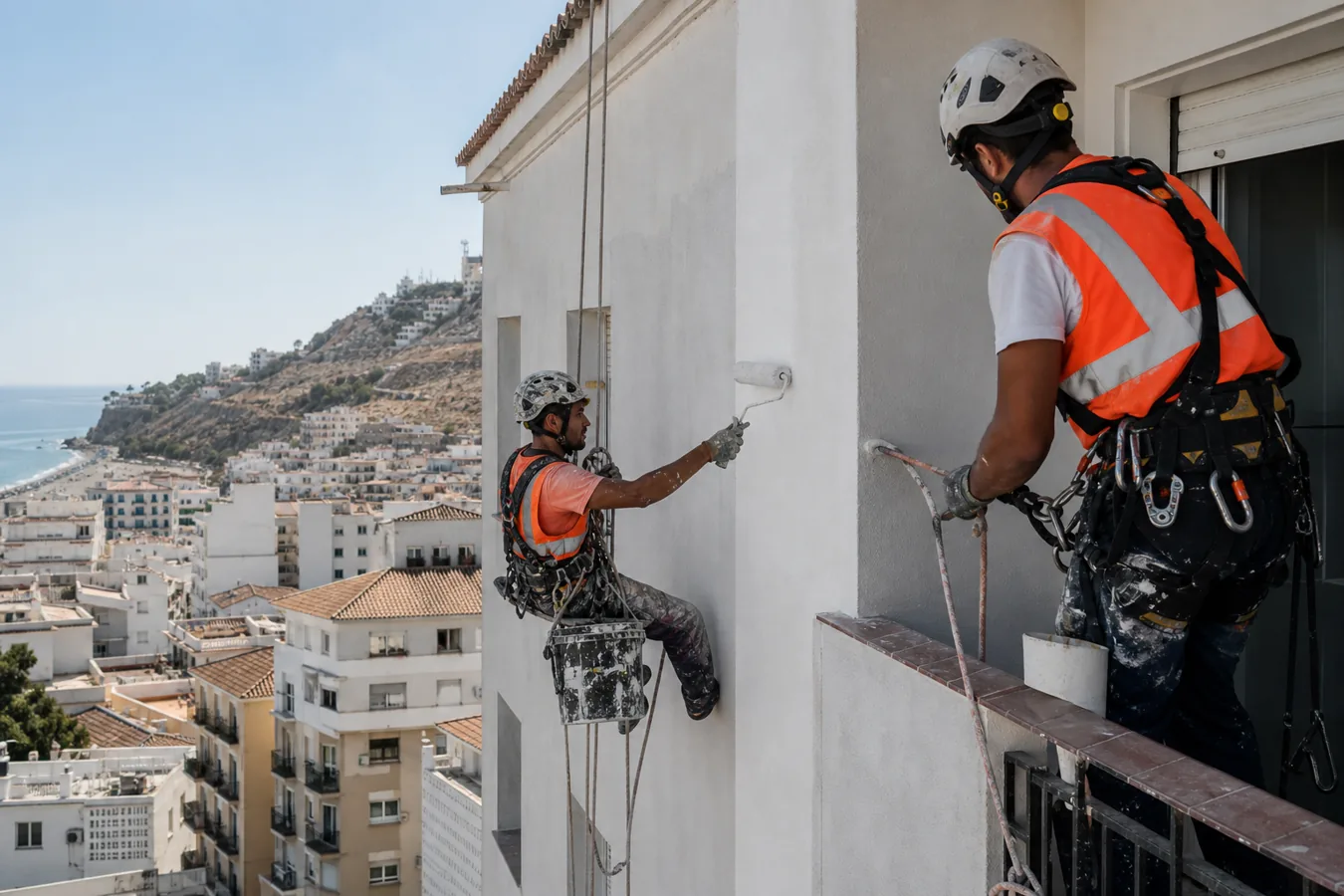 Pintura de fachada de comunidad de vecinos con técnica vertical