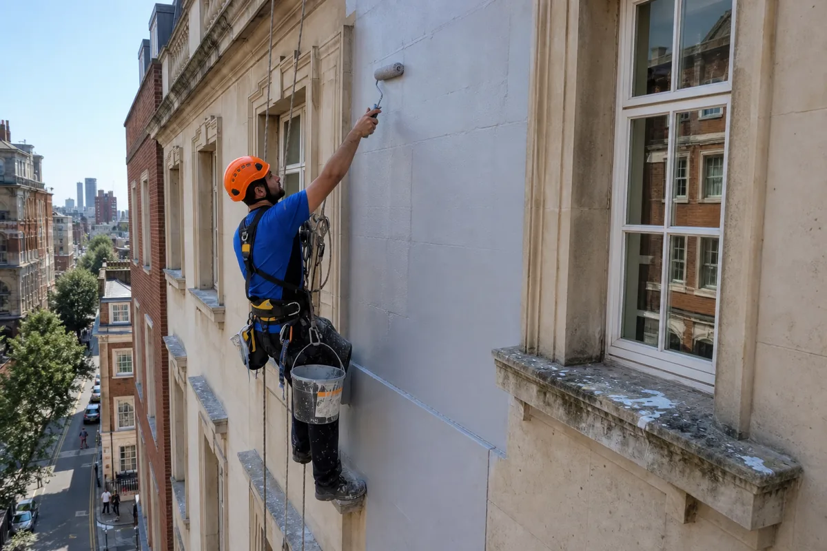 Pintor con arnés realizando trabajos verticales en fachada de edificio en Motril